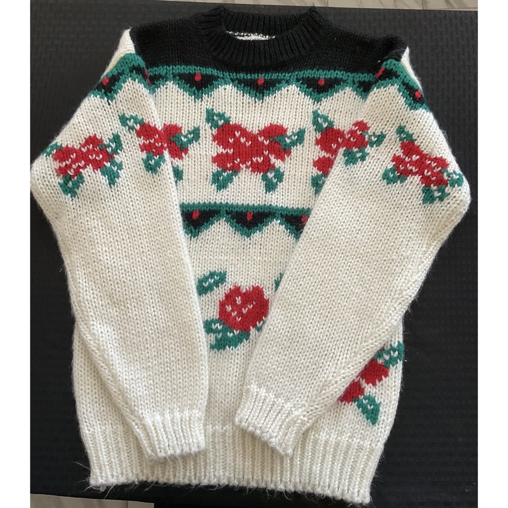 Vintage TJW Sweater Womens Medium White Red Floral Knit Pullover Rose‎ 80s Korea